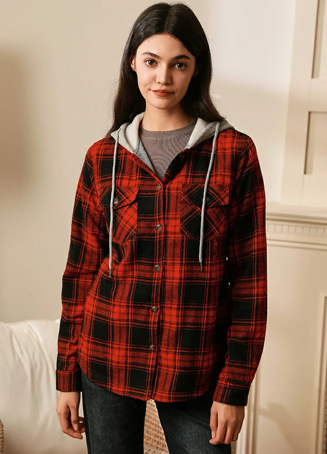 Women s Fleece Lined Flannel Shirt Button Down Plaid Hooded Jacket FlannelGo