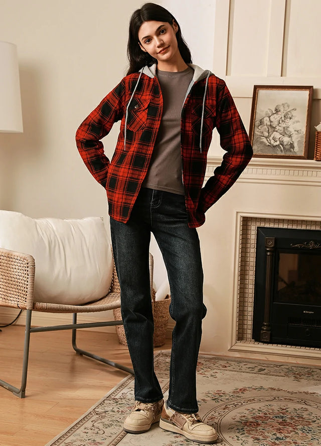 Women s Fleece Lined Flannel Shirt Button Down Plaid Hooded Jacket FlannelGo