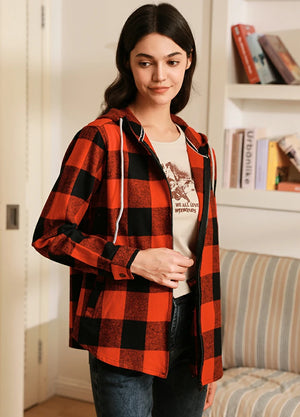 Women in a red black plaid flannel hooded side view