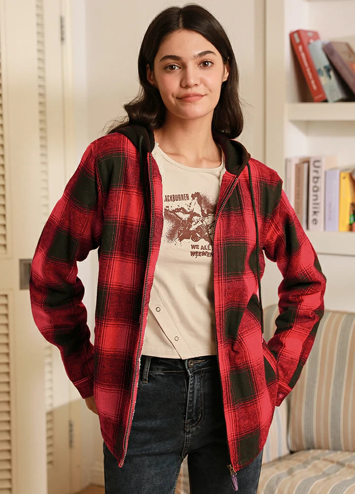 Matching Family Outfits Women s Red Sherpa Lined Flannel Hoodie FlannelGo