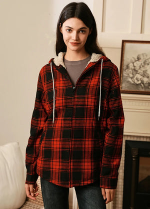Women in a red black sherpa-lined flannel plaid jacket with hood