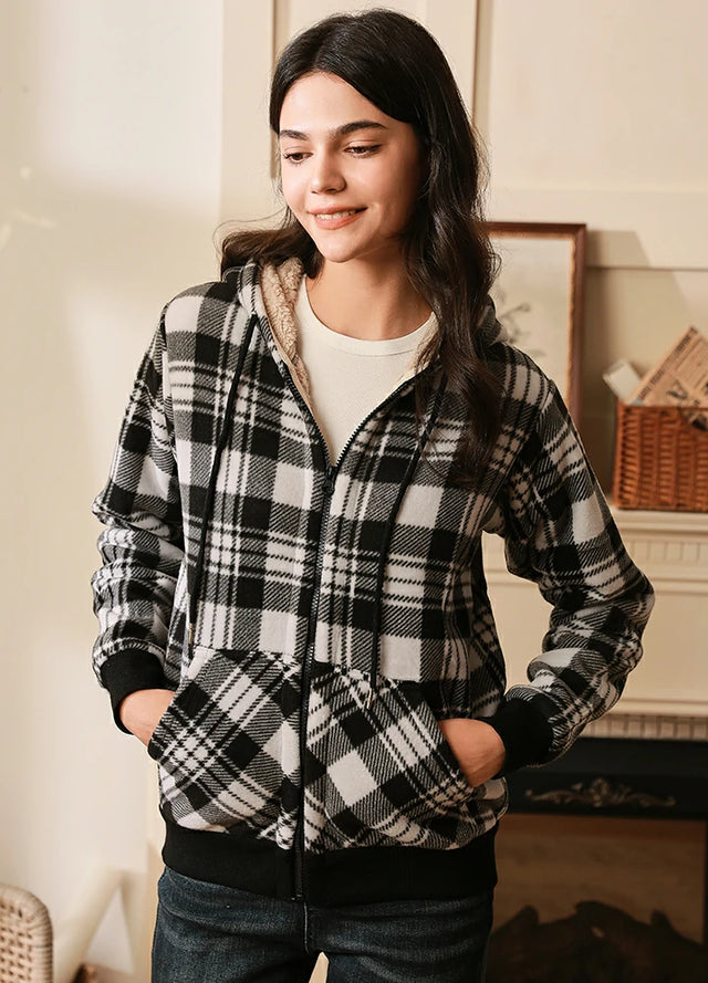 Women s Sherpa Lined Hoodie Jacket Plaid Zip Up Hooded Sweatshirt FlannelGo