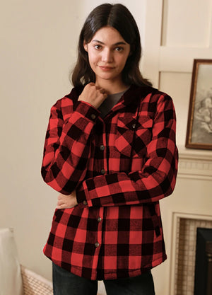 Women wearing a red and black button up flannel plaid jacket with hood
