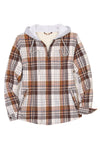 Front view of a women's khaki full zip up plaid flannel plaid hooded