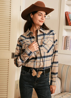 Women wearing a khaki navy long sleeves plaid flannel shirt