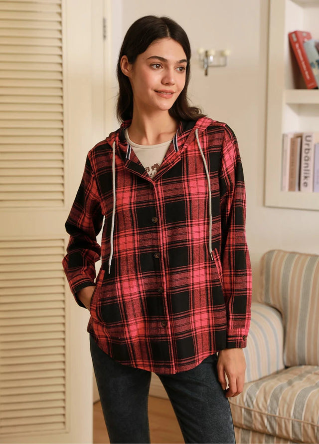 Women s Hooded Flannel Shirt Button Up Plaid Hoodie with Hand Pockets FlannelGo