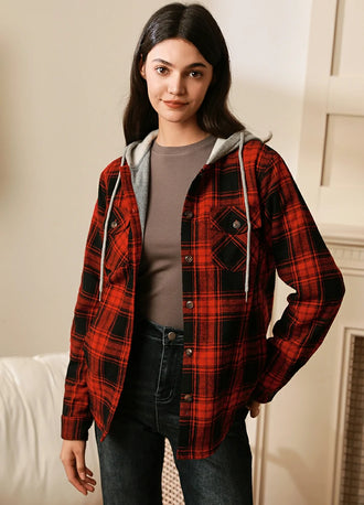 Women wearing a red fleece lined flannel plaid hooded jacket