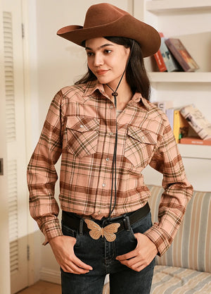 Women wearing a pink long sleeves plaid flannel shirt