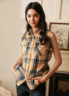 Women wearing a black and yellow plaid cotton vest