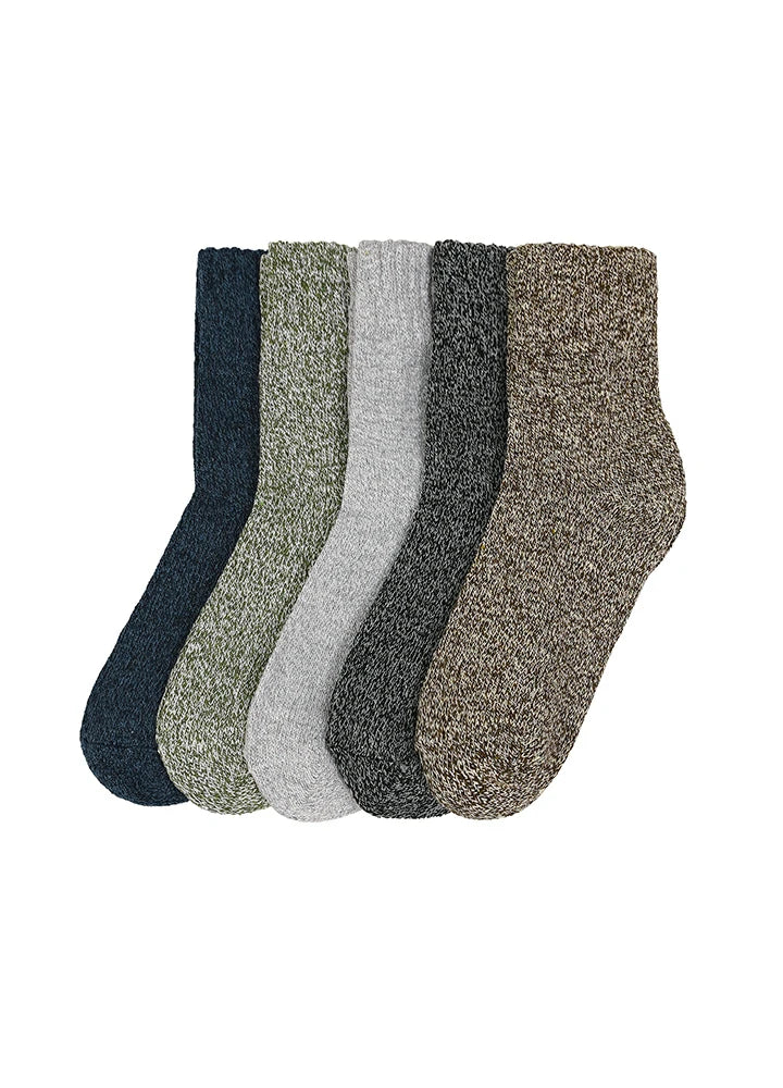 A set of five heathered ankle socks in different colors, including navy blue, sage green, light gray, charcoal gray, and taupe, arranged in a fan shape against a plain white background.