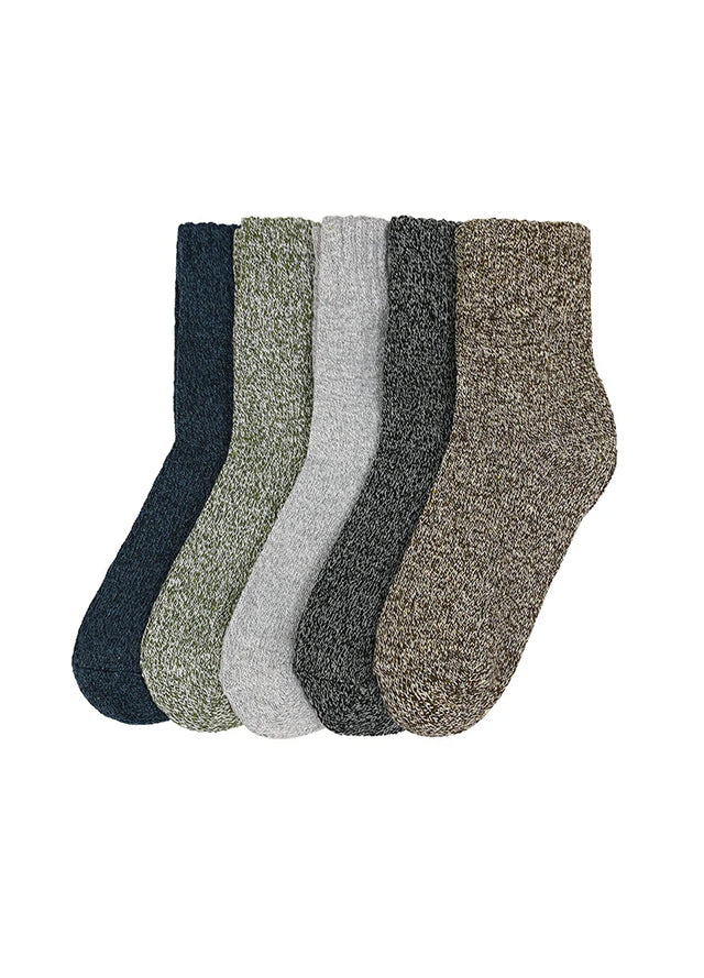 A set of five heathered ankle socks in different colors, including navy blue, sage green, light gray, charcoal gray, and taupe, arranged in a fan shape against a plain white background.