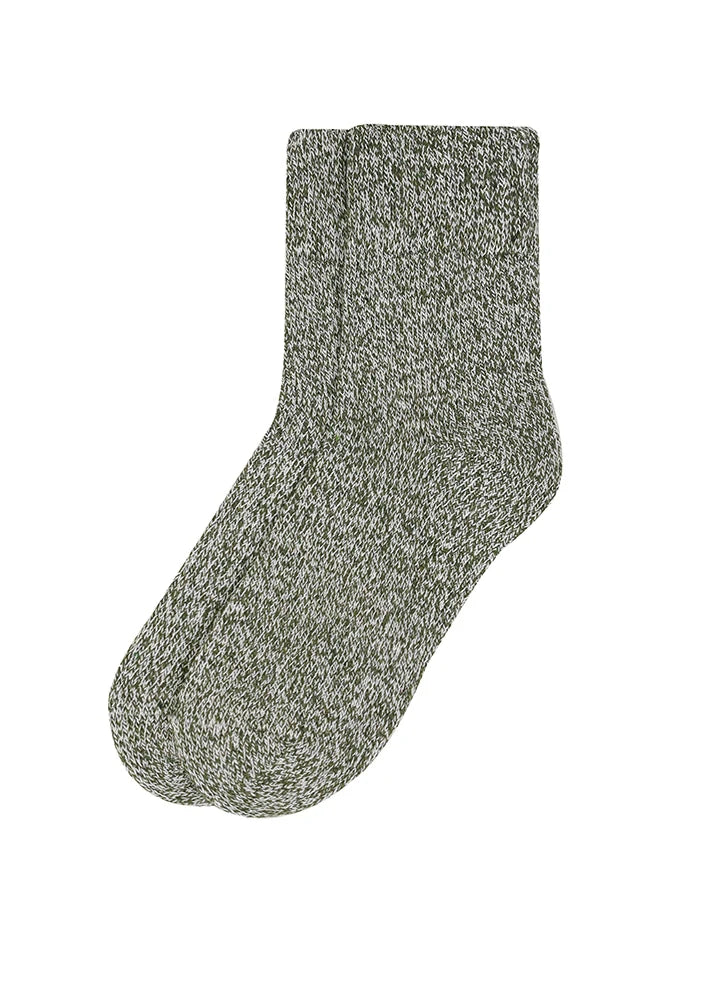 A single crew sock in a heathered olive green and gray marled knit, shown against a plain white background.
