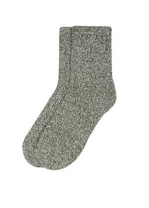 A single crew sock in a heathered olive green and gray marled knit, shown against a plain white background.
