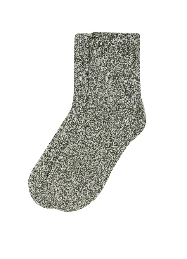 A single crew sock in a heathered olive green and gray marled knit, shown against a plain white background.