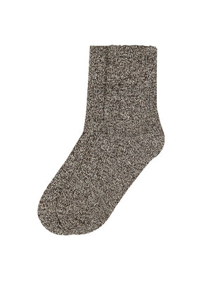 A single heathered gray and brown knit crew sock shown on a plain white background.