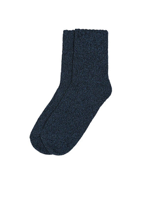 A single dark navy blue ribbed knit sock shown against a plain white background.