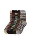 A set of six patterned crew socks arranged in a fan shape on a plain white background. The socks feature various colorful Fair Isle and geometric patterns in shades of gray, black, orange, red, blue, green, and beige.