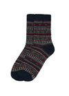 A pair of crew socks with a dark navy blue base and horizontal bands of red, green, and white geometric and floral patterns, shown against a plain white background.
