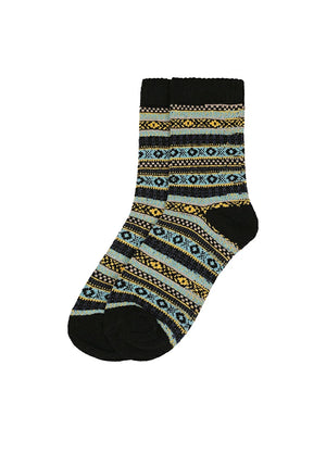 A pair of crew socks with a black base and horizontal multicolor Fair Isle patterns in light blue, yellow, and beige, shown against a plain white background.