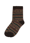 A single dark brown knit sock with a colorful geometric Fair Isle pattern, shown against a plain white background.