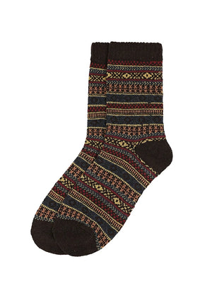 A single dark brown knit sock with a colorful geometric Fair Isle pattern, shown against a plain white background.