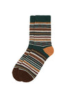 A single crew sock with a multicolor horizontal striped pattern in dark green, brown, orange, and cream, shown against a plain white background.
