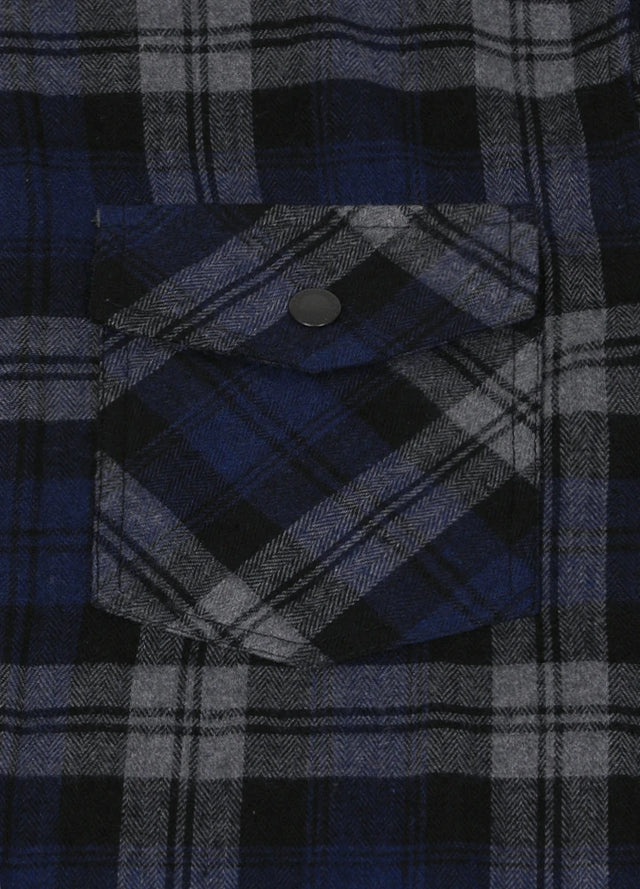 Close-up of the pocket of serene slate men's outdoor flannel shirt jacket with hood 