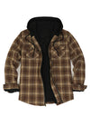 Front view of chocolate men's zipper flannel shirt jacket with hood 