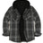 Front view of haze black men's sherpa lined flannel jacket with hood