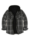 Front view of gray men's sherpa lined flannel jacket with hood