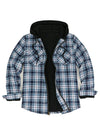 Front view of a blue white men's sherpa lined flannel jacket with a hood