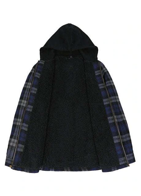Front view of the lining of serene slate men's durable flannel shirt jacket with hood 