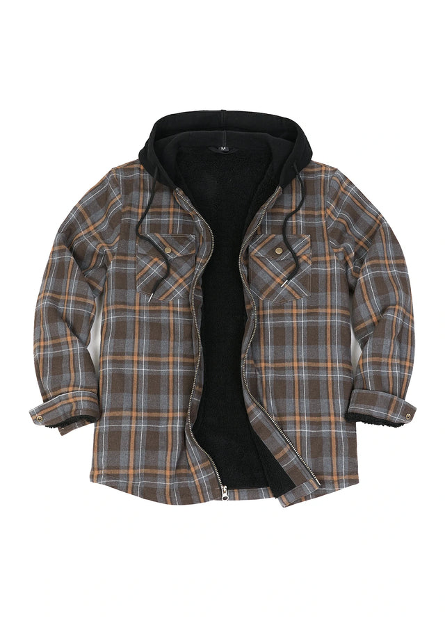 Men's Sherpa Lined Full Zip Up Flannel Plaid Hooded Jacket