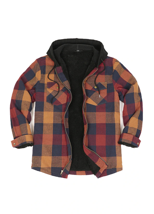 Men's Sherpa Lined Full Zip Up Flannel Plaid Hooded Jacket
