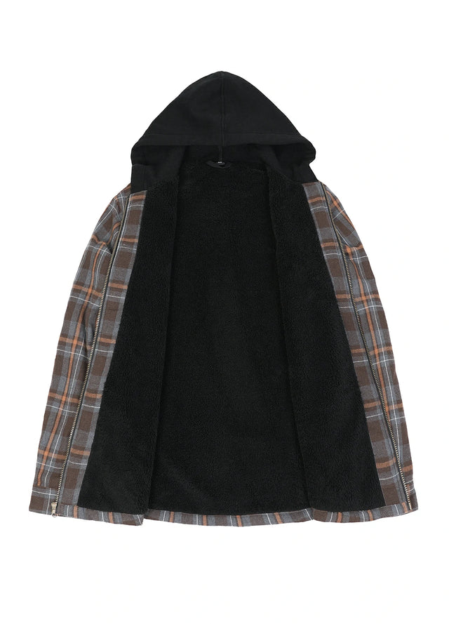 Men's Sherpa Lined Full Zip Up Flannel Plaid Hooded Jacket