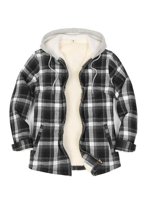Women's Sherpa-Lined Full Zip Up Flannel Jacket with Fleece Hood