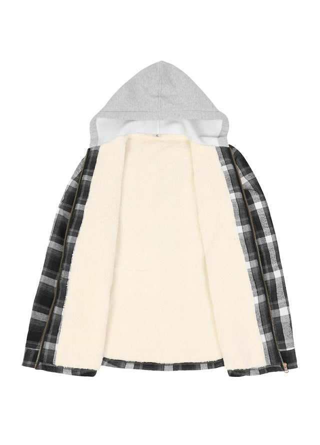 Women's Sherpa-Lined Full Zip Up Flannel Jacket with Fleece Hood