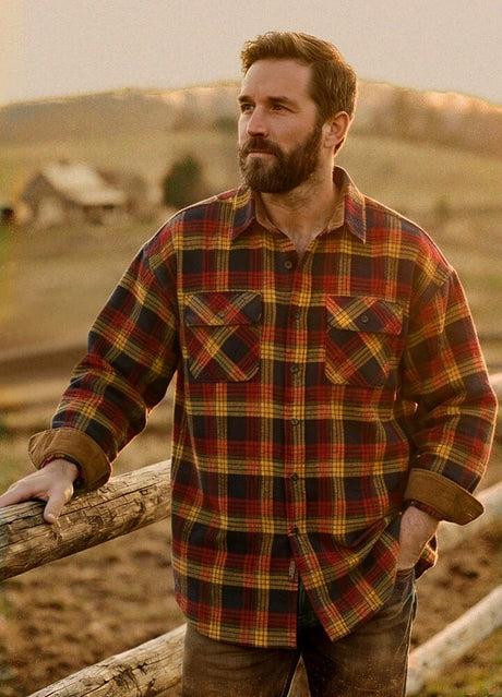 Lifestyle view of a man wearing autumn leaf red men's timberline midweight flannel shirt 8oz-XR1110LYHONG0S,XR1110LYHONG0M,XR1110LYHONG0L,XR1110LYHONG0XL,XR1110LYHONG0XXL,XR1110LYHONG03XL