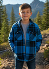 Front view of a boy wearing a blue flannel shirt jacket-XR112LanHei0S,XR112LanHei0M,XR112LanHei0L,XR112LanHei0XL