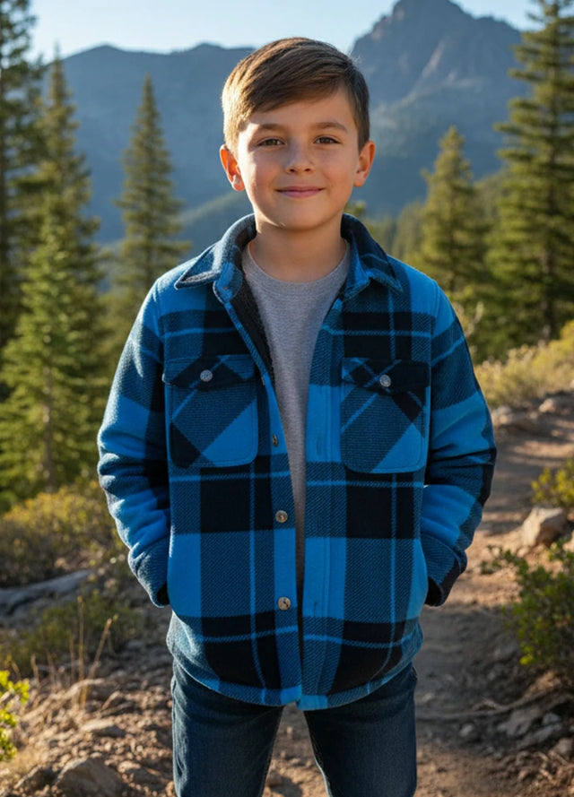 Front view of a boy wearing a blue flannel shirt jacket-XR112LanHei0S,XR112LanHei0M,XR112LanHei0L,XR112LanHei0XL