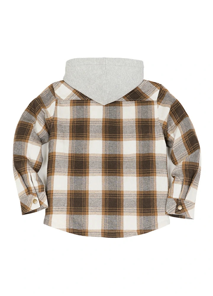 Back view of brown white kids boys and girls quilted lined hooded flannel shirt jacket snap button-XR1121NZG-S,XR1121NZG-M,XR1121NZG-L,XR1121NZG-XL