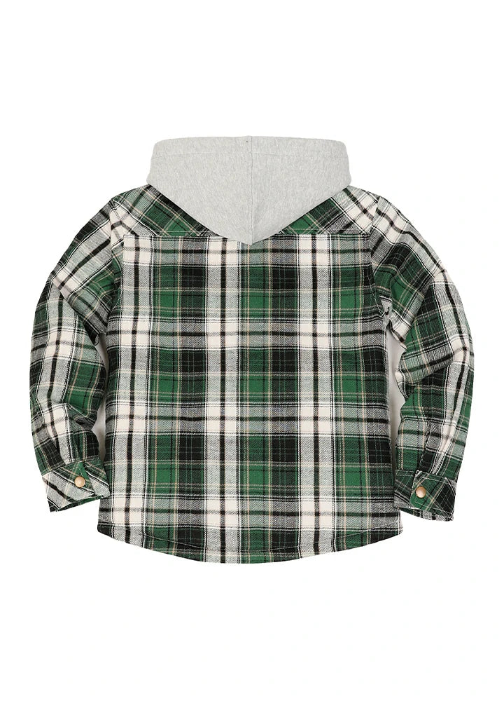 Back view of green white kids boys and girls quilted lined hooded flannel shirt jacket snap button-XR1121SLG-S,XR1121SLG-M,XR1121SLG-L,XR1121SLG-XL