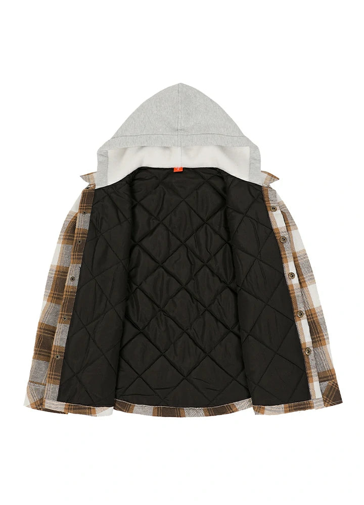 Open view showing the lining of brown white kids boys and girls quilted lined hooded flannel shirt jacket snap button-XR1121NZG-S,XR1121NZG-M,XR1121NZG-L,XR1121NZG-XL