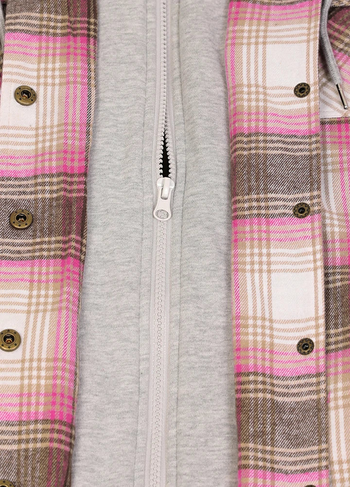 Women's Full Zip Up Quilted Lined Flannel Jacket,Snap Button Closure