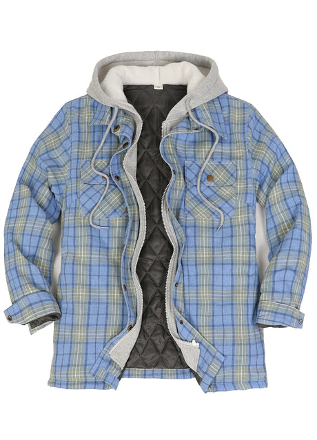 Front view of blue green women's full zip up quilted lined flannel jacket snap button closure-XR1135LLV-S,XR1135LLV-M,XR1135LLV-L,XR1135LLV-XL,XR1135LLV-XXL
