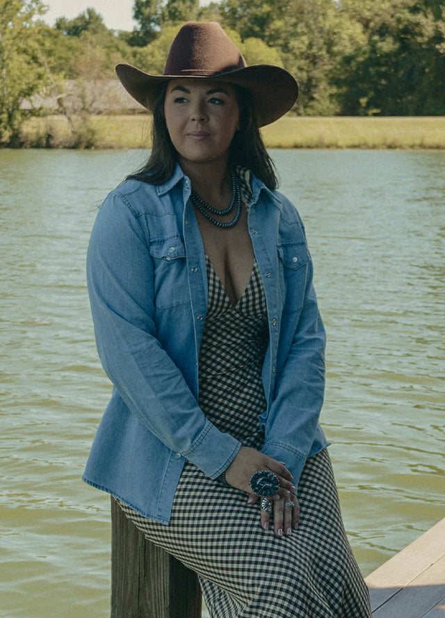 Women's Retro Pearl Snap Denim Western Shirt