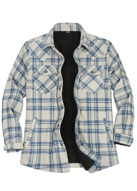 Front view of blue beige women's fleece lined snap button shirt jacket-XR1203BL-S,XR1203BL-M,XR1203BL-L,XR1203BL-XL,XR1203BL-XXL