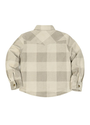 A long-sleeve plaid button-up shirt shown from the back, featuring a checkered pattern in beige and light gray on a white background.