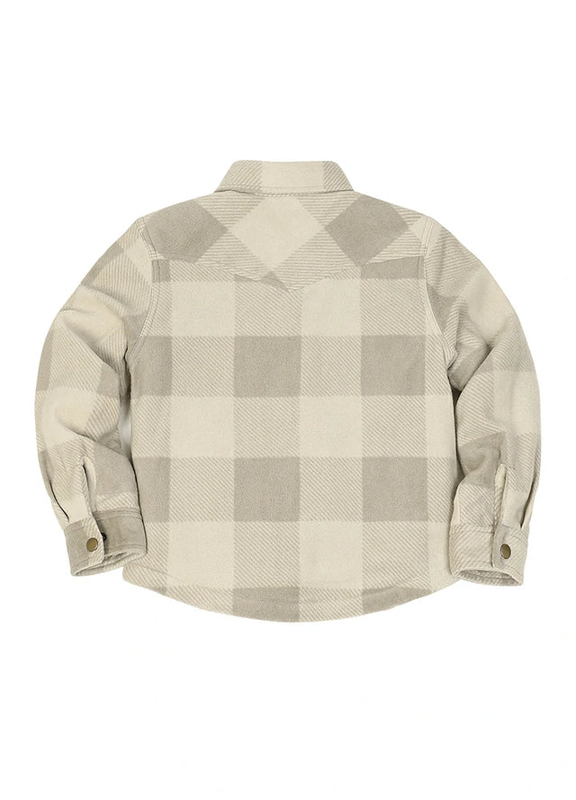 A long-sleeve plaid button-up shirt shown from the back, featuring a checkered pattern in beige and light gray on a white background.