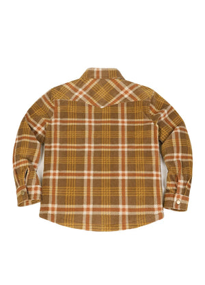 A long-sleeve plaid flannel shirt shown from the back, featuring a brown, yellow, and white checkered pattern on a plain white background.